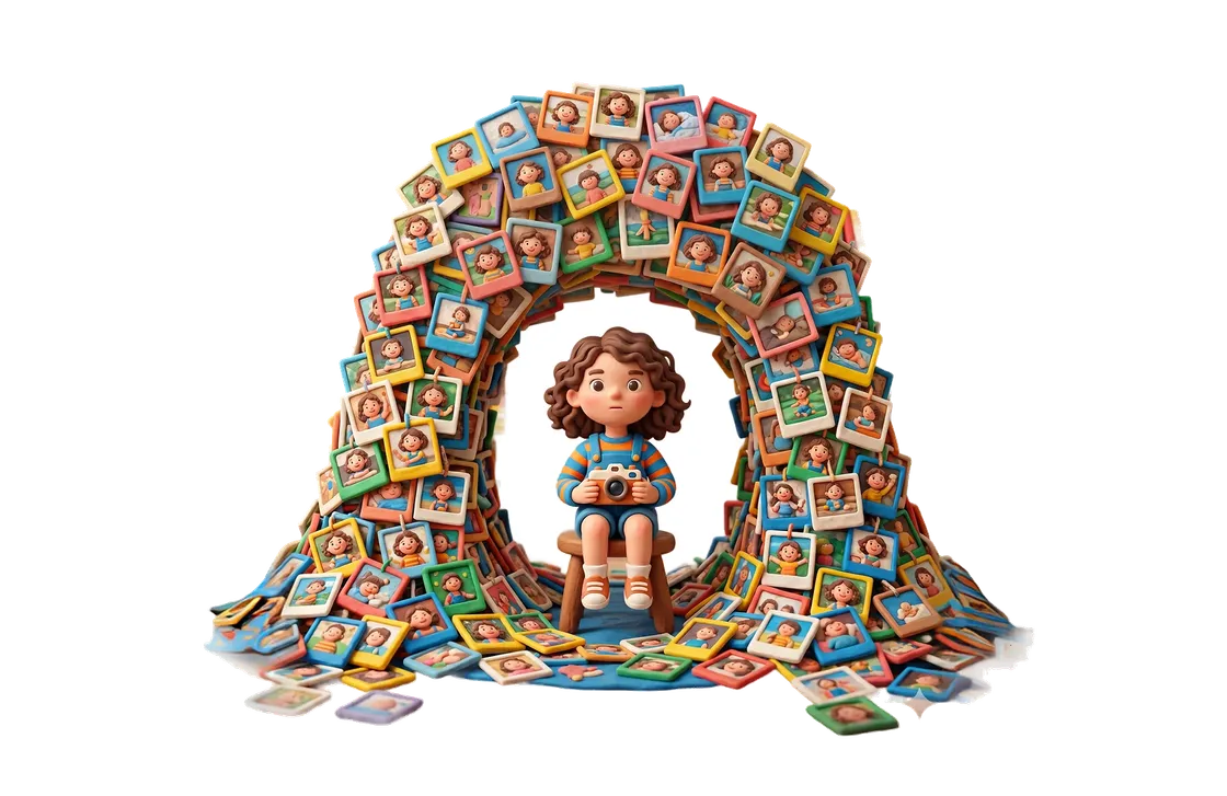 Claymation child holding a camera inside an arch of photo frames